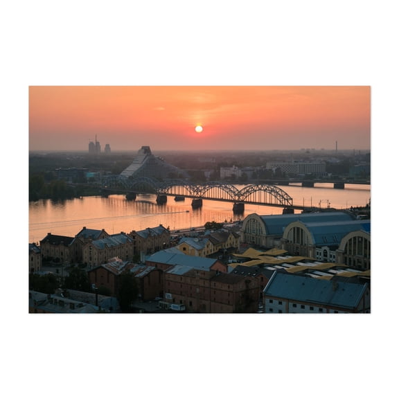 Sunset over the Daugava, Riga - Riga Latvia Photography Sunset Bridge City Skyline Architecture Scenic Unframed Wall Art Print 32 x 48 inches