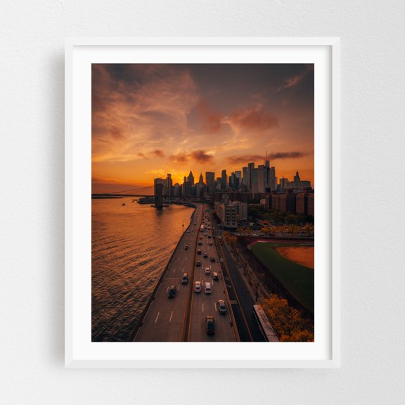 Sunset over the FDR - Manhattan New York Photography Cityscape Skyline Sunset Bridge Architecture Autumn White Framed Wall Art Print 6 x 8 inches