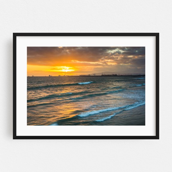 Sunset over the Pacific - Seal Beach California Photography Sunset Ocean Waves Coast Harbor Scenic Landscape Black Framed Wall Art Print 5 x 7 inches