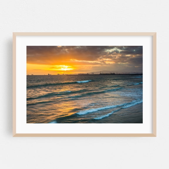Sunset over the Pacific - Seal Beach California Photography Sunset Ocean Waves Coast Harbor Scenic Landscape Oak Framed Wall Art Print 5 x 7 inches