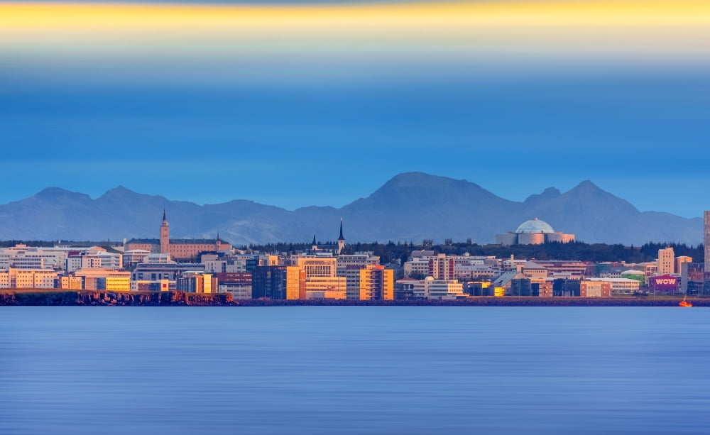 Sunset over the Reykjavik Skyline Iceland Canvas Art - Panoramic Images (20 x 12)