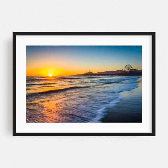 Sunset over the Santa Monica Pier - Santa Monica California Photography Black Framed Wall Art Print 16 x 24 inches