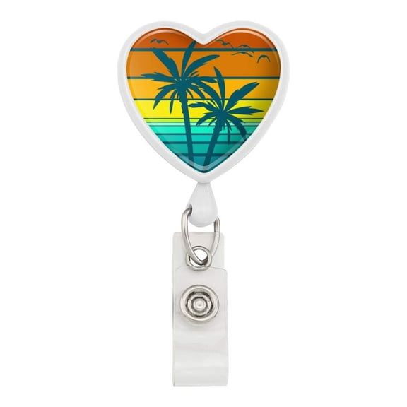 Sunset with Palm Trees Graphic Heart Lanyard Retractable Reel Badge ID Card Holder
