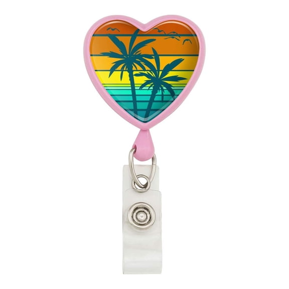 Sunset with Palm Trees Graphic Heart Lanyard Retractable Reel Badge ID Card Holder