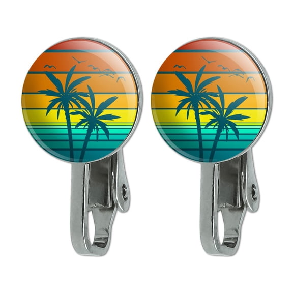 Sunset with Palm Trees Graphic Novelty Clip-On Stud Earrings