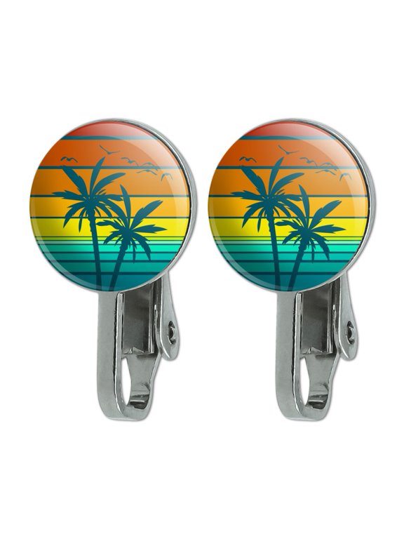Sunset with Palm Trees Graphic Novelty Clip-On Stud Earrings