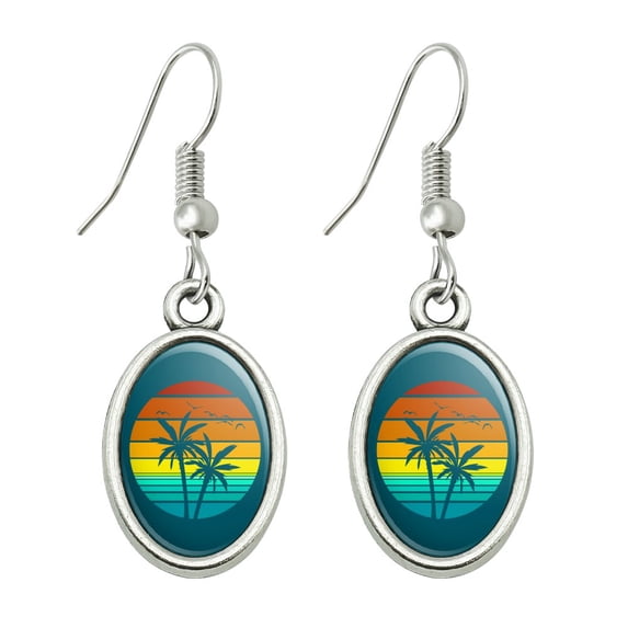 Sunset with Palm Trees Graphic Novelty Dangling Drop Oval Charm Earrings