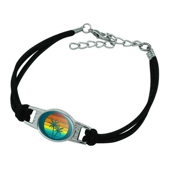 Sunset with Palm Trees Graphic Novelty Suede Leather Metal Bracelet