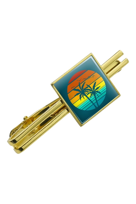 Sunset with Palm Trees Graphic Square Tie Bar Clip Clasp Tack- Silver or Gold