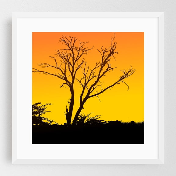 Sunset with Tree Silhouette - Digital Art Silhouette Sunset Nature Minimalist Landscape Scenic White Framed Wall Art Print 20 x 20 inches