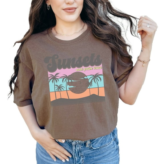 Sunsets and Palm Trees, Summer or Beach Art, Espresso Comfort Colors T-Shirt, Small