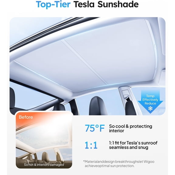Sunshade Roof [Never Sag, Nano Ice-Crystal Coatings] 3-Gen Heat Insulation Glass Roof Sun Shade, Accessories for  2020~2025, Tesla Interior Gray