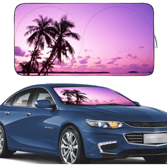 Sunshade for Windshield with Tropical Palm Tree Design- UV Protection& Heat Blocking Sunshade for Sedan SUV | Keep Cool in Summer Beach Vacation Style (Sunset, L)