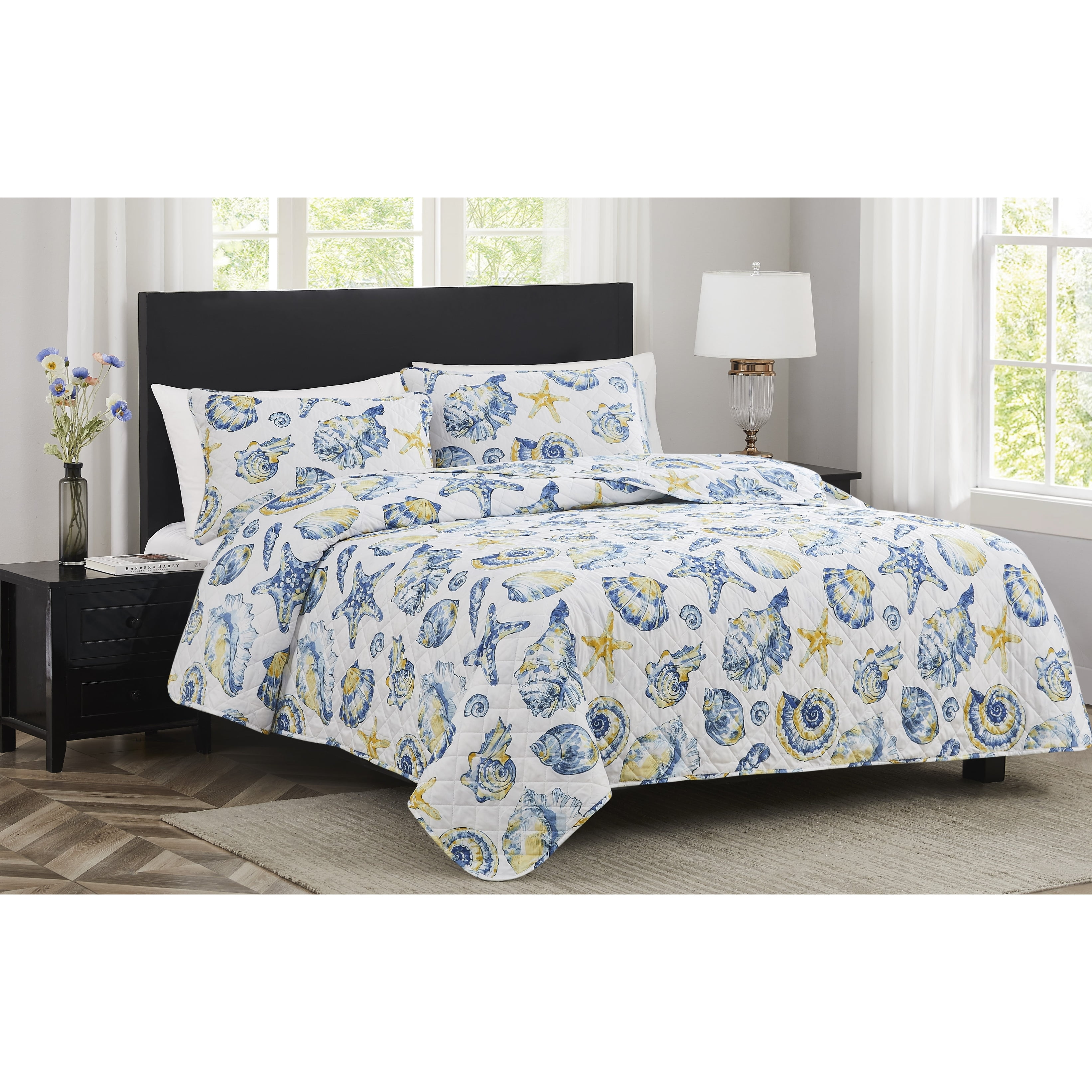 King Size Blue Coastal Microfiber Quilt Set