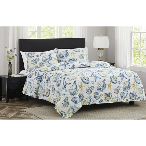 Sunshell Coastal Seashells Stitched Quilt Queen