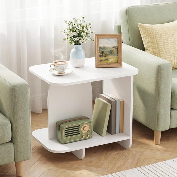 Sunshen 2-Tier End Table, Modern Sofa Side Table with Open Storage Shelf, Wooden Bedside Night Stand for Bedroom Living Room Study Small Spaces, Easy Assembly, White