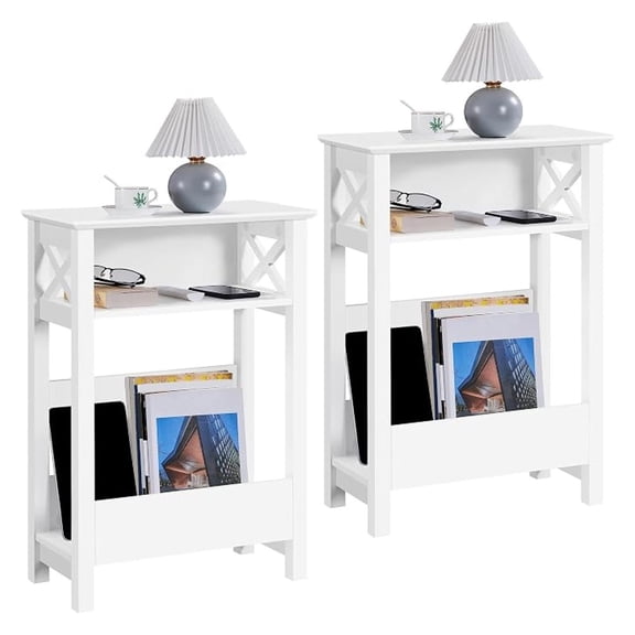 Sunshen 3 Tier Slim End Table Set of 2, Narrow Side Table with Storage Shelf, Modern X Shaped Magazine Table for Living Room Home Office Narrow Spaces, 20×10×28 inch (L×W×H), White