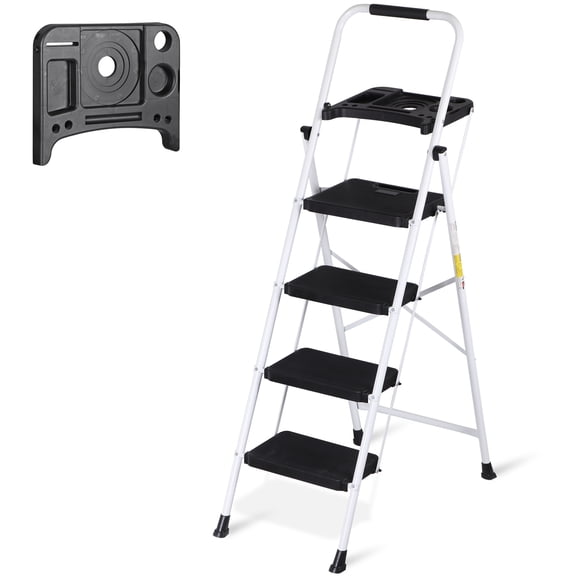 Sunshen 4-Step Folding Ladder with Tool Platform  330 lbs Heavy Duty Steel Step Stool with Non-Slip Tray, Portable Safety Ladder for Home, Kitchen, Pantry & Office