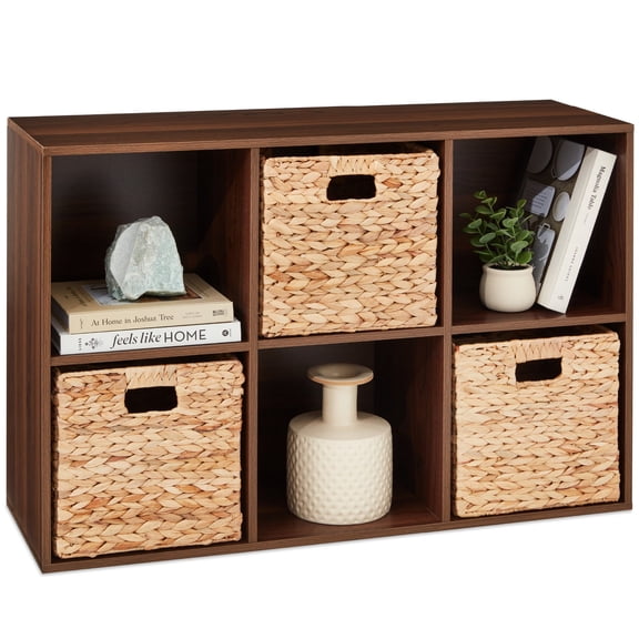 Sunshen 6-Cube Storage Organizer, 11in Shelf Opening, Bookcase, Display Shelf, Customizable With 3 Removable Back Panels – Walnut