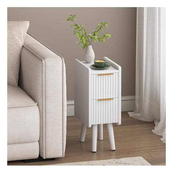 Sunshen 7.9" Narrow Side Table, 20.6" H Fluted Nightstand with Drawers, Wooden Small End Table for Small Spaces, Modern Skinny Bedside Table, Slim Nightstand for Bedroom, White