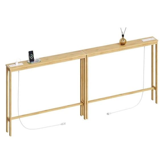 Sunshen Bamboo Narrow Console Table with Charging Station, 2 Pack Slim Sofa Table Behind Couch, Entryway Table with Outlets for Living Room, Hallway, 5.9 x 39.4 x 31.1in, Natural