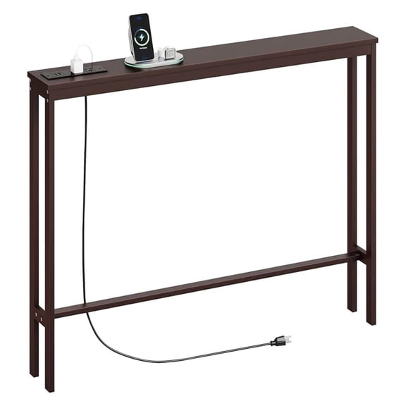 Sunshen Bamboo Narrow Console Table with Charging Station, Slim Sofa Table Behind Couch, Entryway Table with Outlets for Living Room, Hallway, 5.9 x 39.4 x 31.1in, Brown