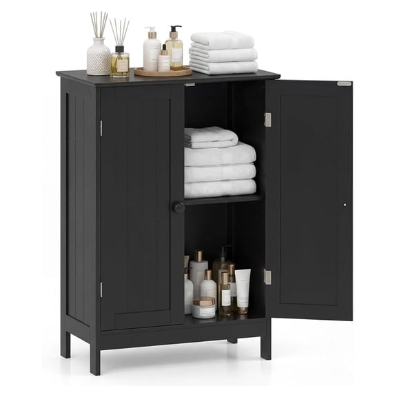 Sunshen Bathroom Storage Cabinet, Freestanding Wooden Floor Cabinet with Double Doors, Adjustable Shelf, Modern Storage Organizers for Kitchen, Living Room, Entryway (Black)
