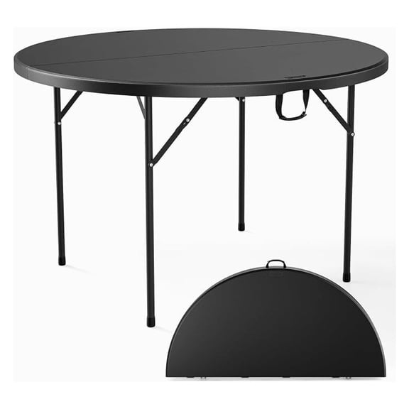 Sunshen Black 48" Round Bi-Folding Commercial Table, 4 Feet Portable Plastic Dining Card Table for Kitchen or Outdoor Party Wedding Event, 1-Pack