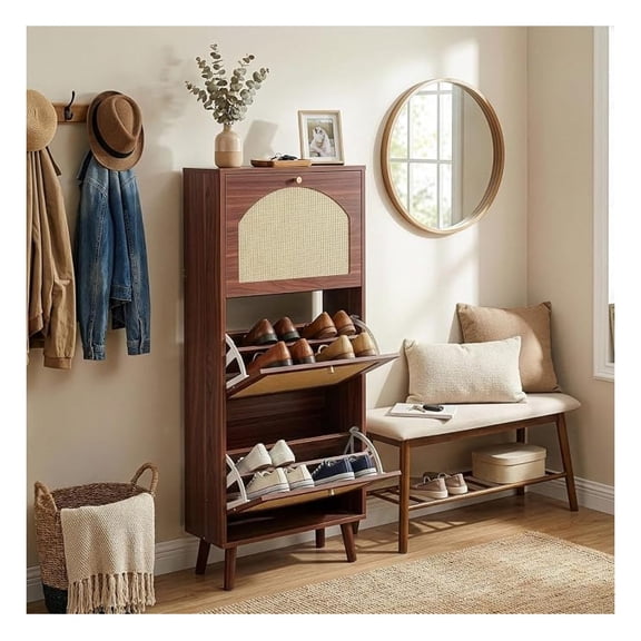 Sunshen Brown Rattan Shoe Cabinet, 3-Tilt-Out Entryway Storage Organizer | Hidden Shoe Rack with 3 Tilt-Out Compartments for Heels, Slippers and Casual Shoes, Space Saving Entryway Furniture