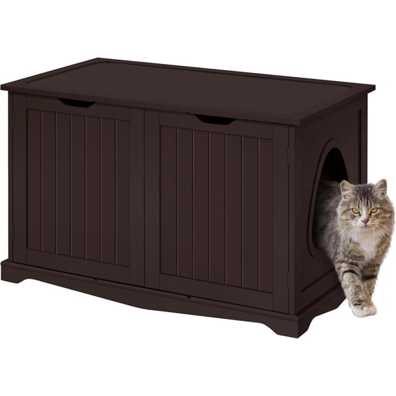 Sunshen Cat Litter Box Enclosure, Litter Cabinet Furniture Hidden, Wooden Pet Crate Kitty Washroom Storage Bench with Divider Home Loo Indoor Cat House Espresso