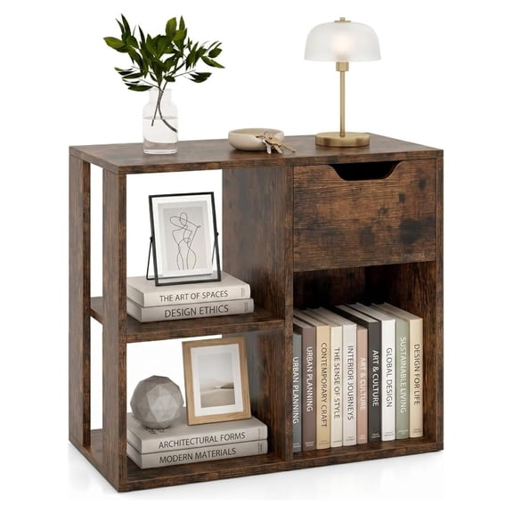 Sunshen Cube Storage Organizer, Small Bookshelf with 2-Tier Open Shelves, Freestanding Cube Bookcase with Drawer and Closed Storage for Living Room,Badroom,Office (Rustic Brown)