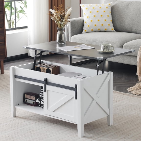 Sunshen Farmhouse Lift Top Coffee Table - 36" Living Room Table, White Charcoal Wood Center Table with Hidden Storage