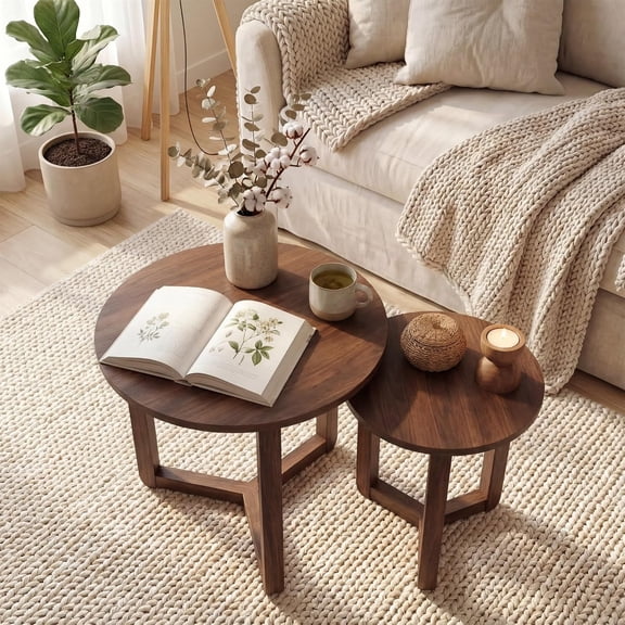 Sunshen Farmhouse Round Nesting Coffee Table Set of 2,Solid Rubber Wood Tripod Legs, Compact Sofa Side Tables for Living Room Bedroom Small Spaces,Walnut