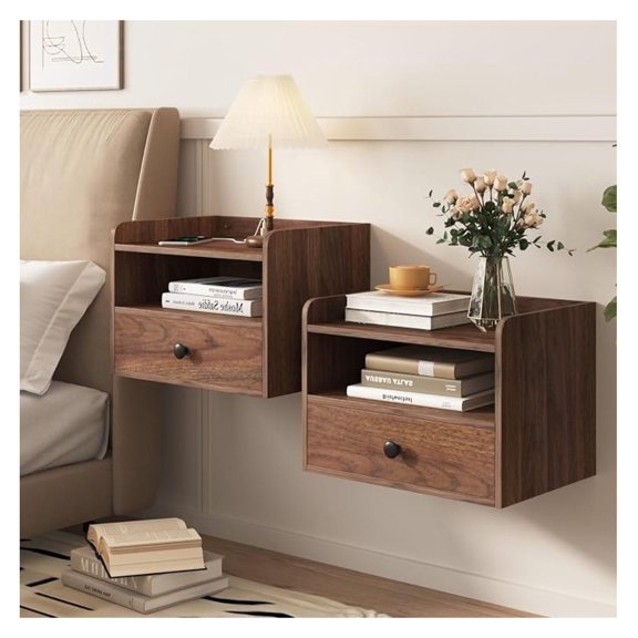 Sunshen Floating Nightstand Set of 2 Modern Night Stands with Drawer and Open Shelf Cubby Small Bedside End Table with Charging Station Wall Mounted Nightstands Set 2 for Bedroom Brown Walnut