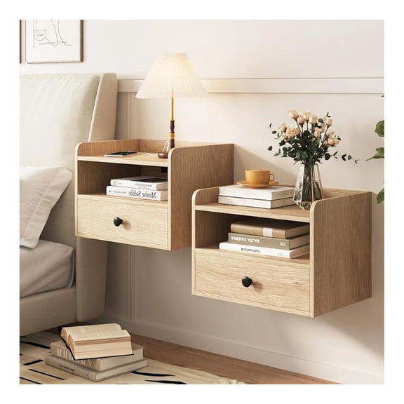 Sunshen Floating Nightstand Set of 2 Modern Night Stands with Drawer and Open Shelf Cubby Small Bedside End Table with Charging Station Wall Mounted Nightstands Set 2 for Bedroom Natural