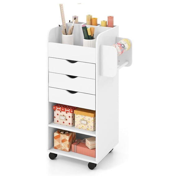Sunshen Gift Wrap Cart, Mobile Organizer Rolling Storage Cart with Drawers, 360° Universal Wheels, 3 Open Shelves & Wrapping Paper Slots, Wooden Utility Cart for Home, Office, School (Pearl)
