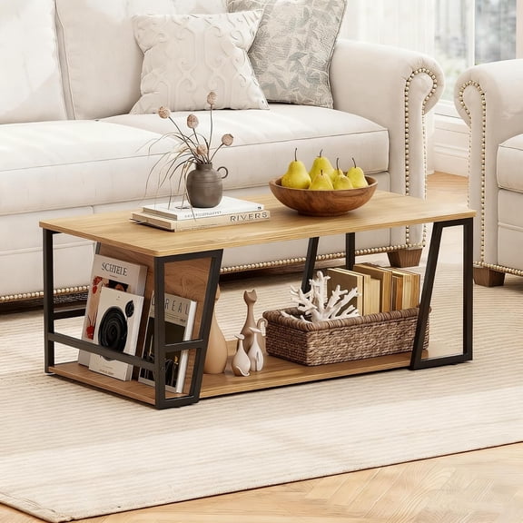 Sunshen Modern Coffee Table with Storage, 2-Tier Wood Center Table, Rectangular Geometric Living Room Table for Apartment,Oak