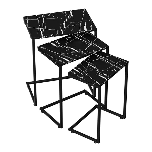 Sunshen Modern Nesting Coffee Table, Set of 3 Square Stacking Accent Table End Table C-Shape with Metal Frame for Living Room Bedroom, Black
