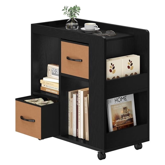 Sunshen Narrow Side Table with Storage, Wooden Rolling Nightstand Bedside Table with Wheels, Magazine Racks and Open Shelves, End Table with Drawers for Living Room Bedroom, Black