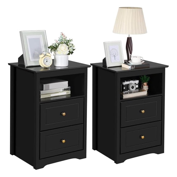 Sunshen Nightstand Set of 2, Wooden Bedside Tables with 2 Drawer and Cubby, 2Pcs Tall Nightstand for Bedroom Small Space, Bedside Cabinet Telephone Table, 19″ L × 16″ W × 29″ H, Black