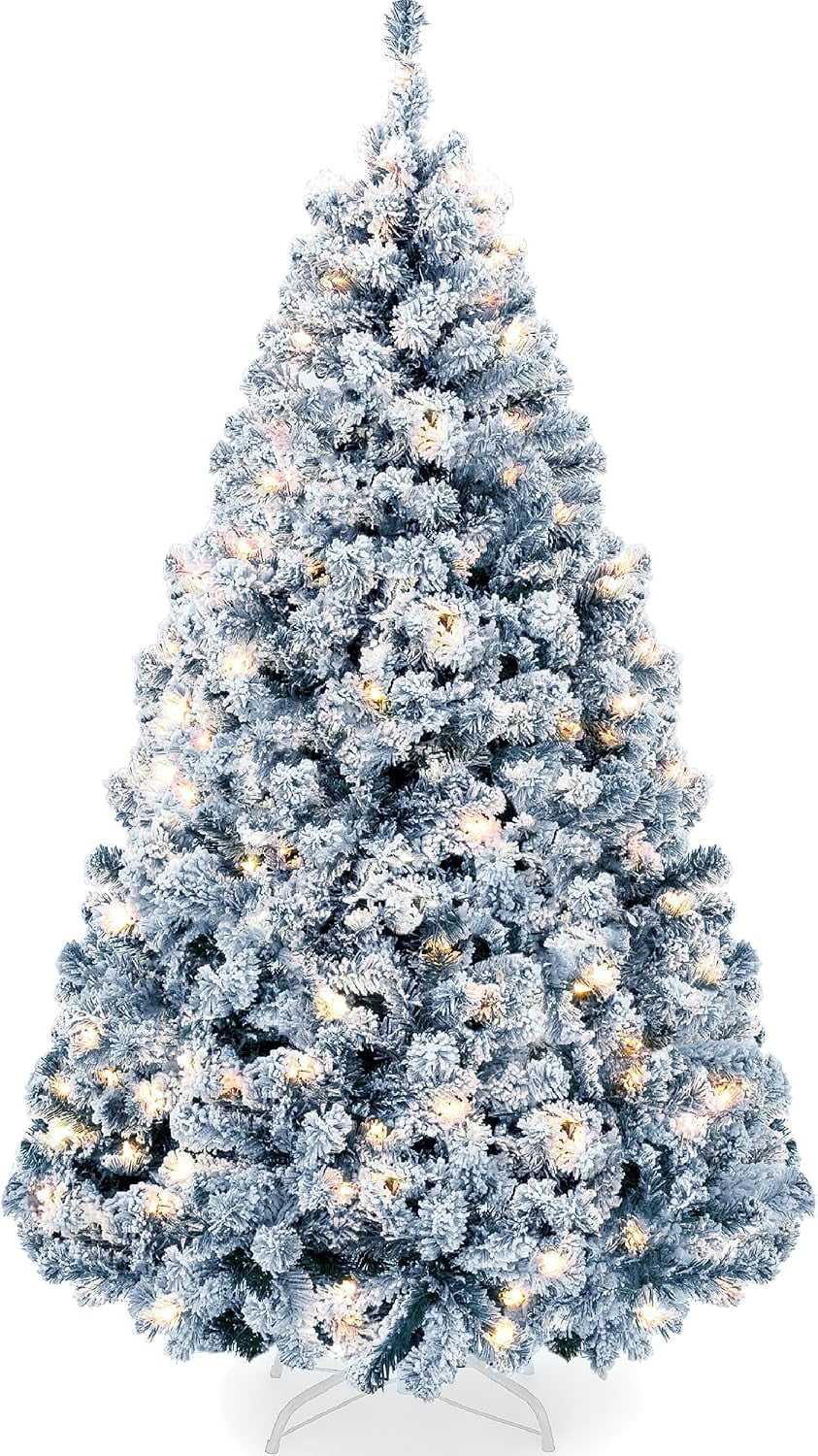 Sunshen Pre-Lit Ice Blue Christmas Tree, 4.5ft Artificial Flocked Full ...