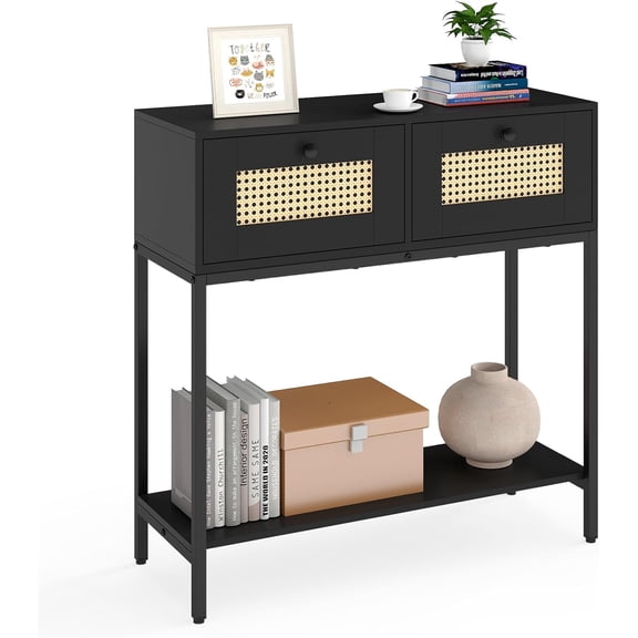 Sunshen Rattan Console Table, 32" Boho Entryway Table with 2 Drawers,Narrow Long Sofa Tables with Open Storage Shelf for Living Room, Hallway, Foyer, Entrance,Black