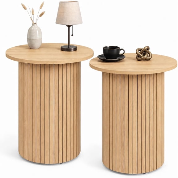 Sunshen Round Fluted Side Table Set of 2, Drum Pedestal End Tables,22.5'' Pedestal Accent Nightstand for Bedroom, Living Room, Couch Sofa Side & Small Spaces, Natural