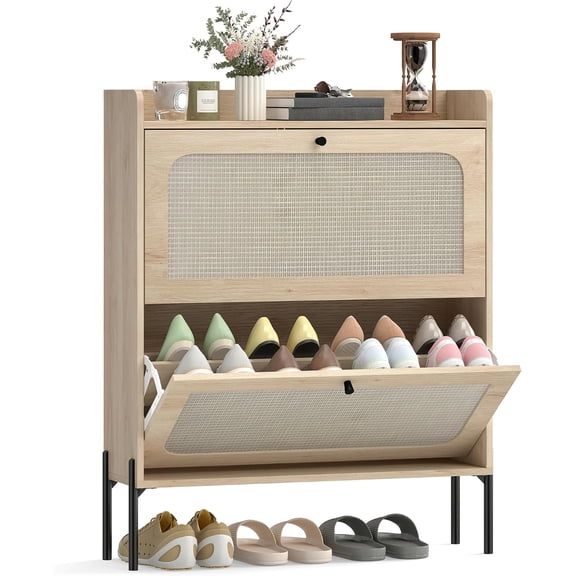 Sunshen Shoe Cabinet with 2 Flip Drawers and Rattan Doors for Hallway, Oak | Narrow Shoe Storage Cabinet, Adjustable Shelves, Raised Tabletop, Boho Storage Organizer, for Entryway, Holds 12-16 Pairs