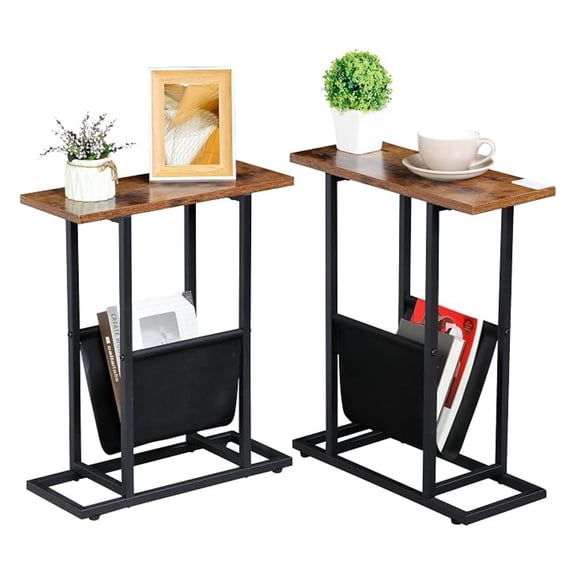 Sunshen Side Table with Magazine Holder Sling Set of 2 Narrow End Table Slim Nightstand Accent Table with Heavy Duty Metal Frame for Small Spaces, Easy Assembly, Rustic Brown and Black