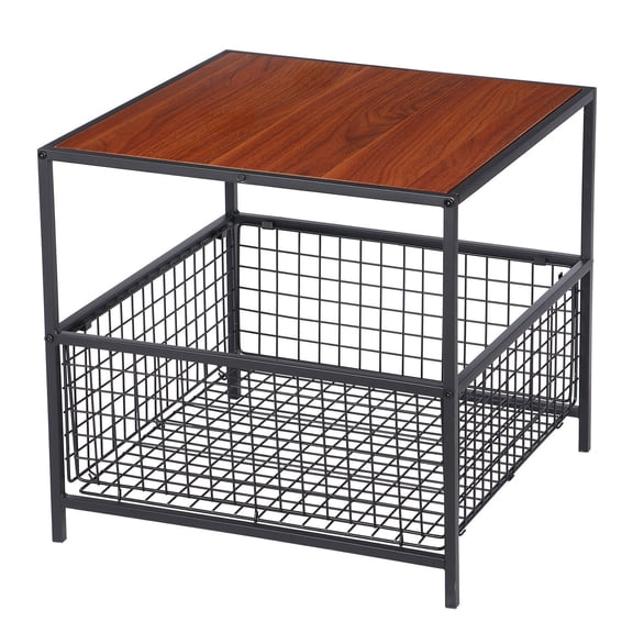 Sunshen Side Table with Storage Basket 20 Inch Black Frame End Table, Nightstand Storage Shelf for Living Room Bedroom Kitchen and Office,Red Mahogany