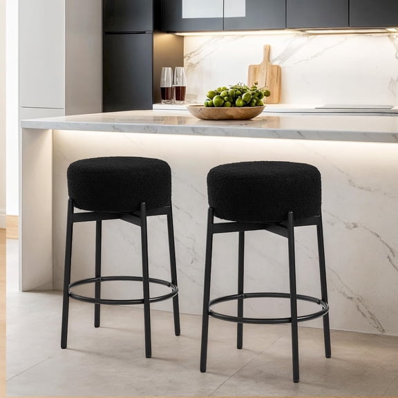 Sunshen Swivel Round Barstools 26" H Set of 2, Teddy Wool Upholstered Barstool, Sherpa Backless Kitchen Island Stool, Counter Height Stools, Black