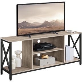 Sunshen TV Stand Fits 65 Inch, Living Room X-Frame Console Table, Gray | Entertainment Center with Open Storage Shelves, Slim 55 x 14 Inch Wood Grain MDF Tabletop Holds 88 lb, Black Iron Frame