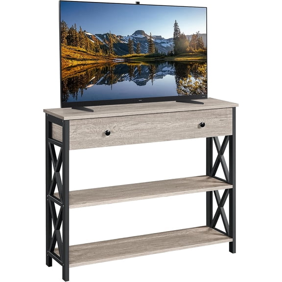 Sunshen TV Stand for TV up to 45 inch, Narrow Tall Storage, Gray | Slim 12" Depth Fits Small Spaces, Industrial Media Console, Sturdy MDF & Metal Frame, Drawer & Open Shelves for Living Room