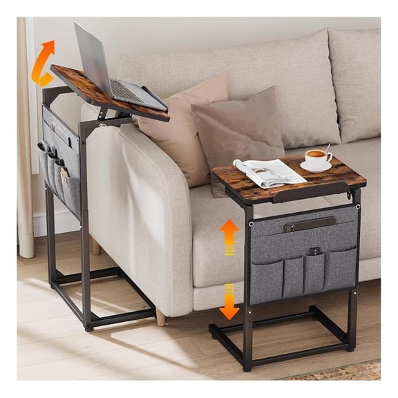 Sunshen TV Tray Table Set of 2 for Couch, 8-Level Adjustable Height & 90° Tilt C Shaped Sofa Side Table, Laptop Desk with Phone & Tablet Slot, End Tables for Living Room, Bedroom